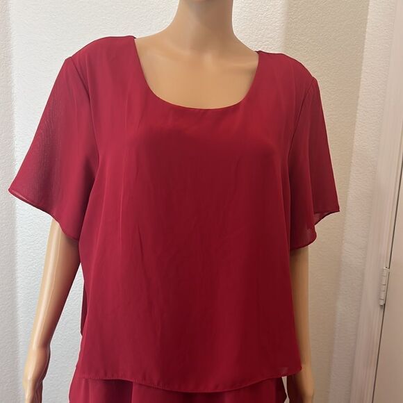 BFA Classics Dress Red Maxi Short Sleeve Slimming Lined Keyhole Button Neck - Picture 2 of 9